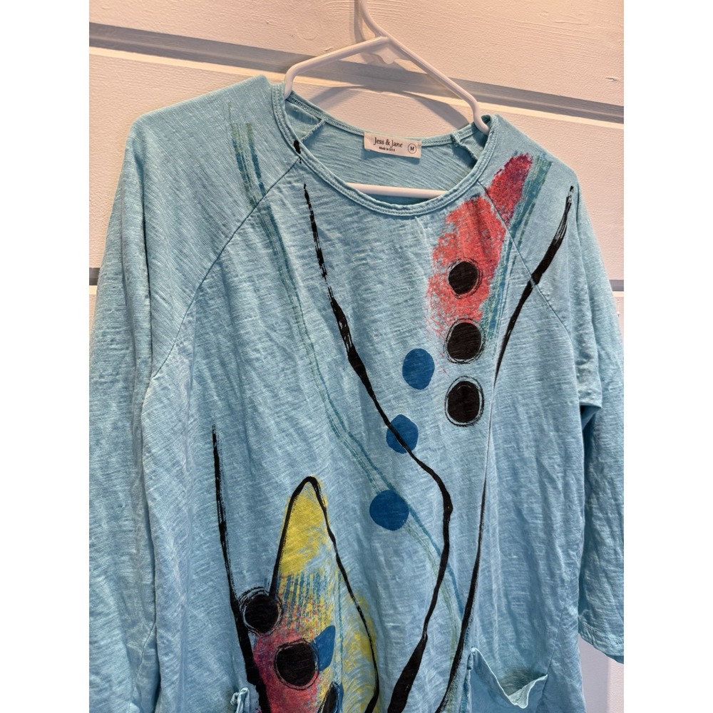 Jess & Jane Wearable Art Tunic Top Sz M Blue Cotton Pockets Lagenlook Boho - Picture 2 of 10